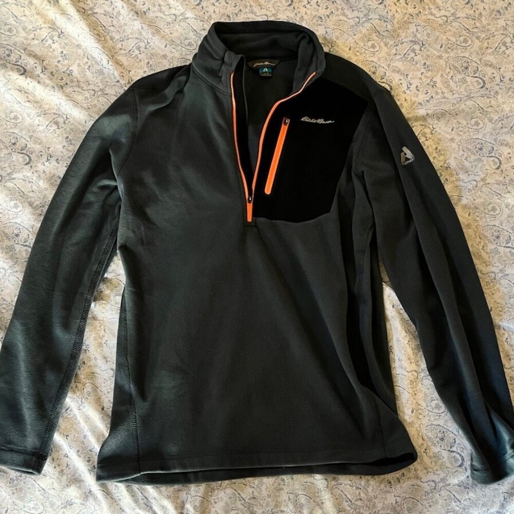 Eddie Bauer Fleece 1/4 Pullover Men’s Small Gray Black Orange Zipper